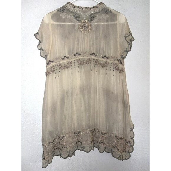 Johnny Was Fletcher Embroidered Flowy Crinkle Cupra Rayon Tunic Top Size XS - Picture 2 of 7